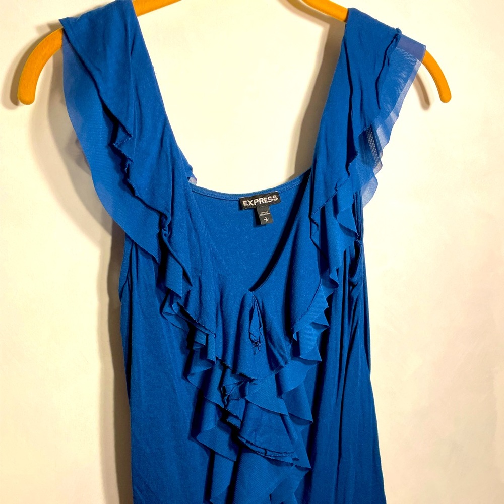 Express blue tank with flutter sleeves and ruffle v-neck